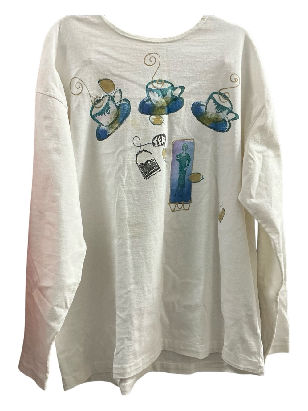 Vintage Odile Hand Painted  White Long-Sleeve Cotton Top